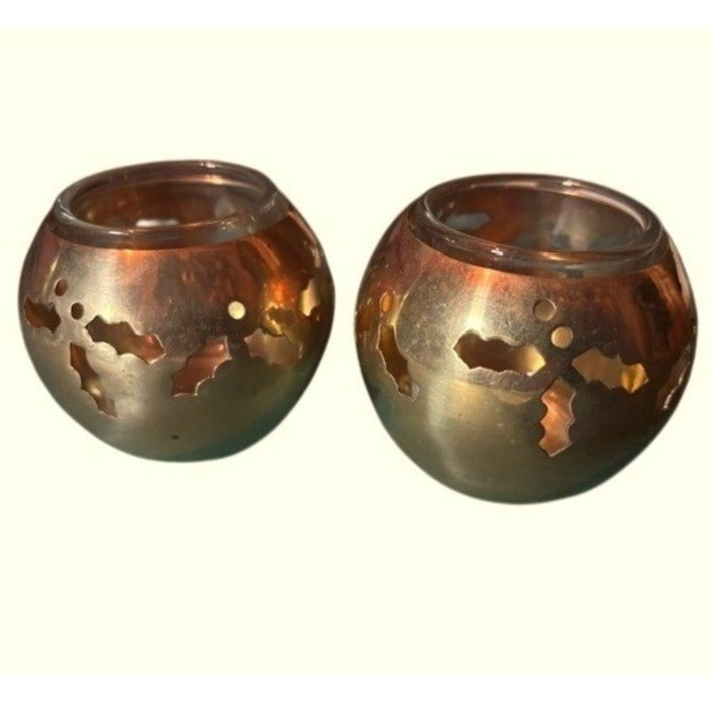 Two Vintage Brass Holly Cutout Globe Votive Candle Holders with Glass Inserts